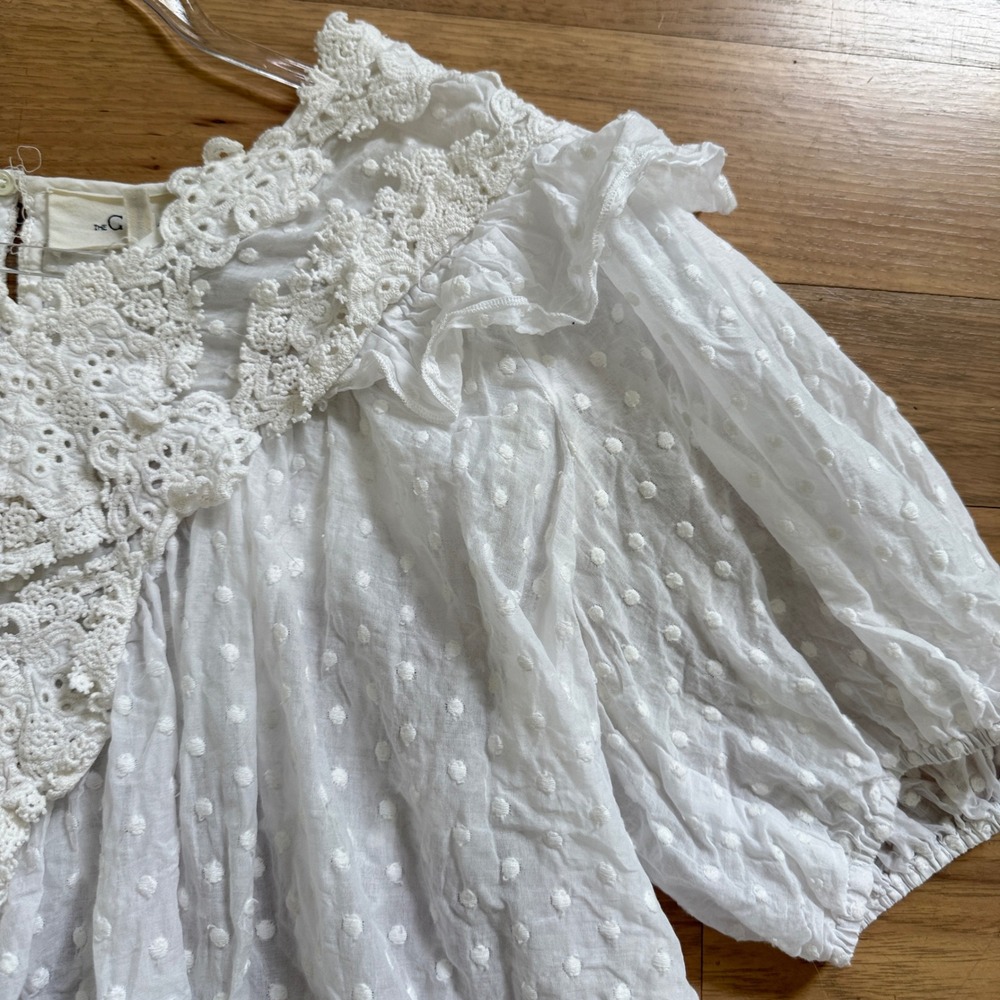 THE GREAT. Swiss Dot Blouse Womens Size 2 White Crochet Lace Ruffle Puff Sleeve - Picture 5 of 15